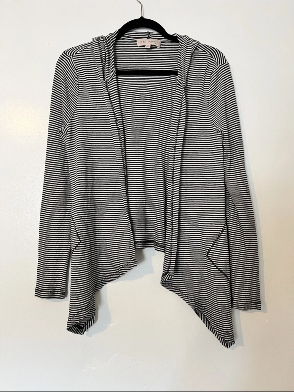Philosophy Black & White Striped Hooded Open-Front Cardigan